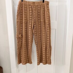 Anthropologie Crochet Cargo Pants Tan Brown Wide Leg XL Boho Beachy Coastal Knit